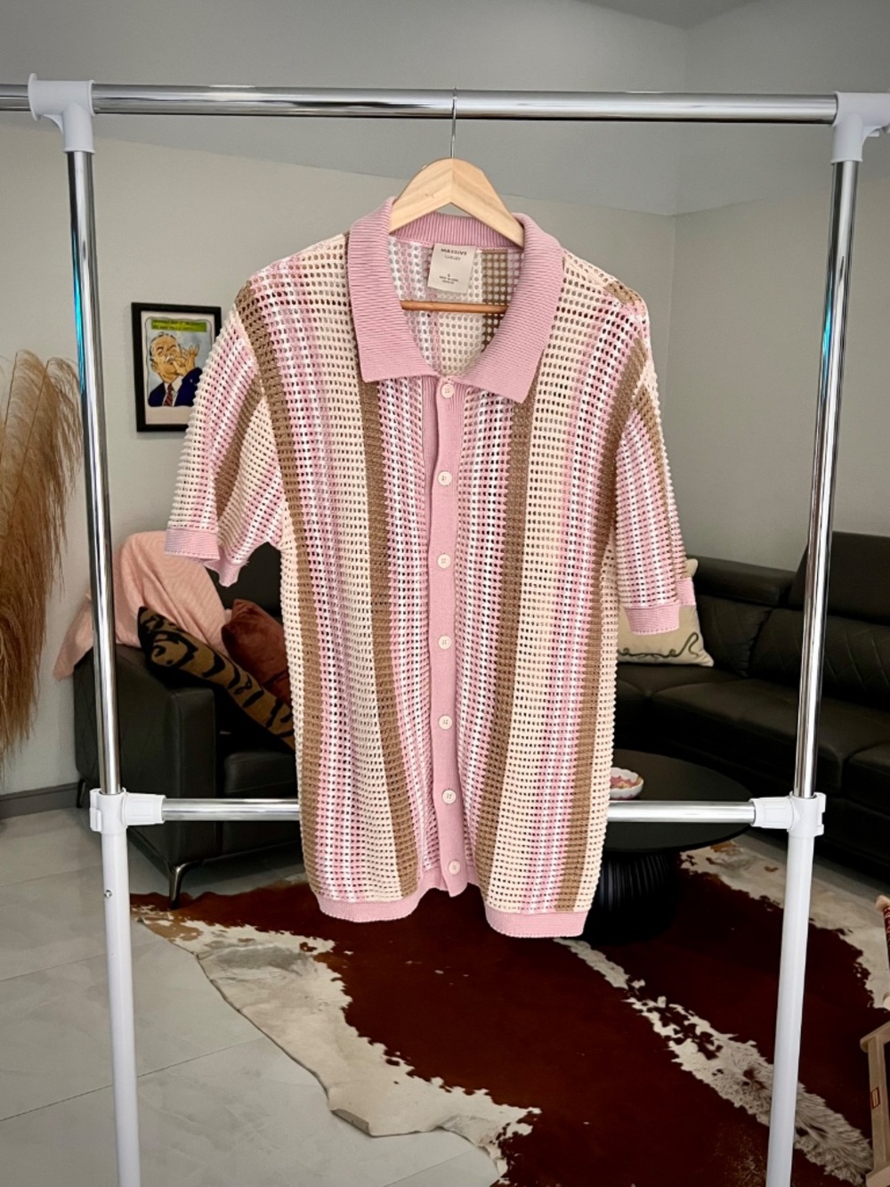 Massive Luxury Pink & Cream Short-Sleeve Woven buttondown SZ L